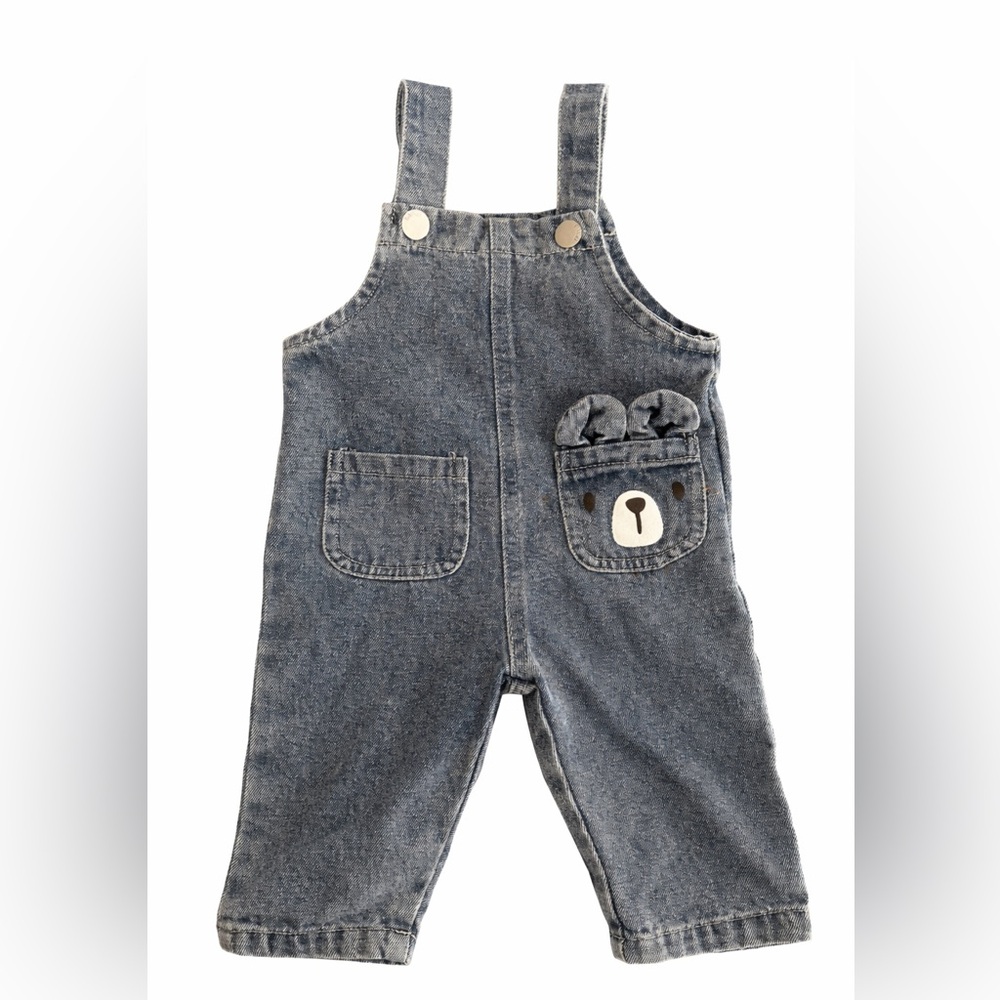 Baby Unisex Blue Denim Overalls with Bear Detail
